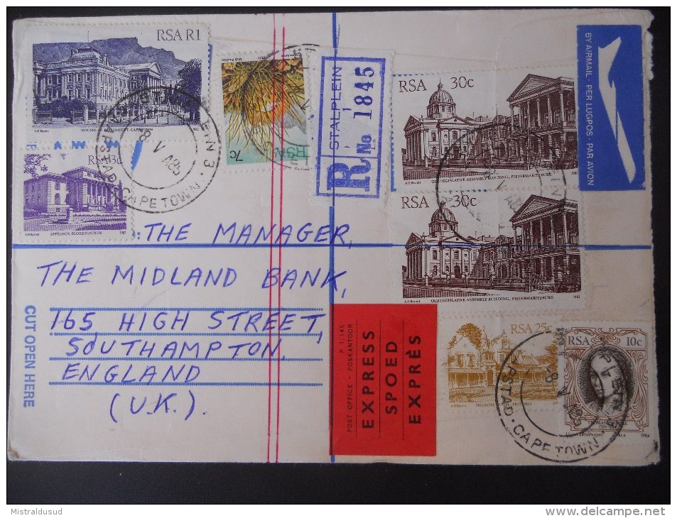 Afrique Du Sud Lettre Recommande Express De Cape Town 1985 Pour Southampton,joli Affranchissement - Lettres & Documents