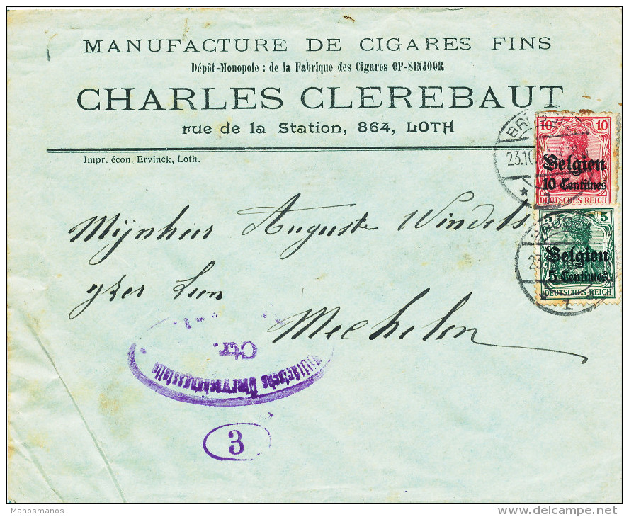 451/23 - TABAC Belgique - Lettre TP Germania BRUSSEL 1916 - Entete LOTH , Manufacture De Cigares Clerebaut - Tabac