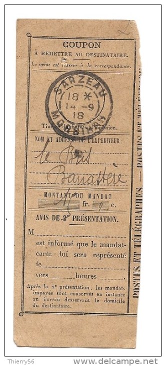 Cachet Timbre à Date Sarzeau 1918 Banastère Sur Fragment De Mandat - Autres & Non Classés