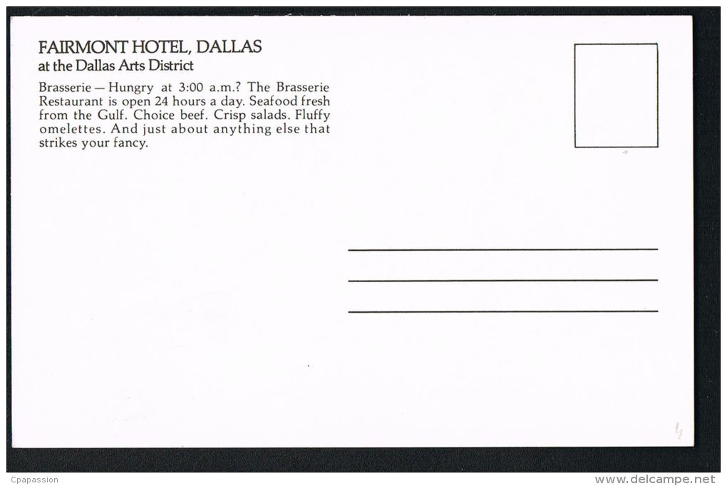 USA POSTCARD DALLAS TEXAS - Fairmont Hotel Dallas -Brasserie-Paypal Free - Dallas
