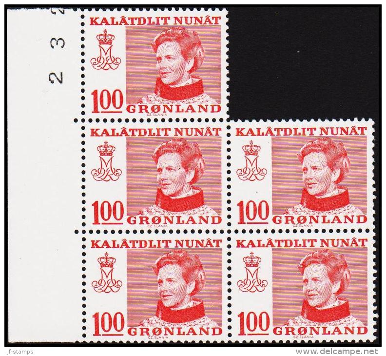 1977. Queen Margrethe. 100 Øre Red. Normal Paper 5-Block. (Michel: 101x) - JF175225 - Used Stamps