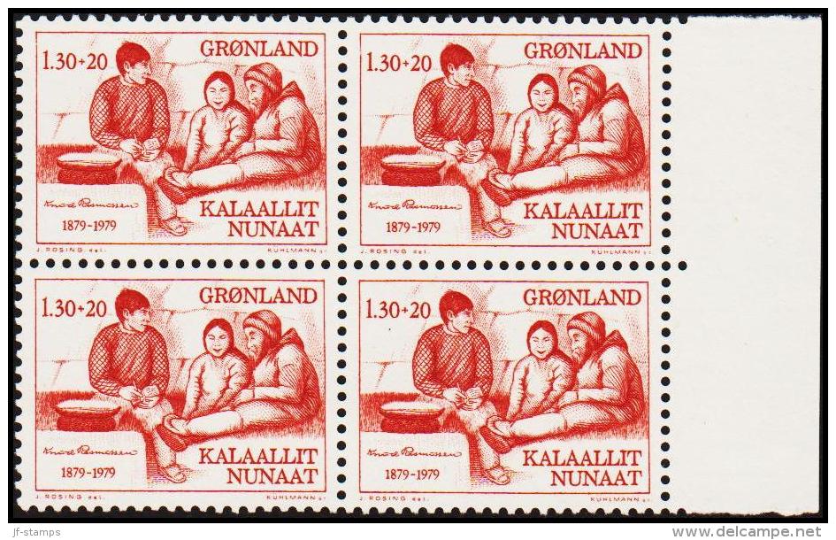 1979. Knud Rasmussens. 130+20 Øre Red 4-Block.  (Michel: 116) - JF175178 - Used Stamps