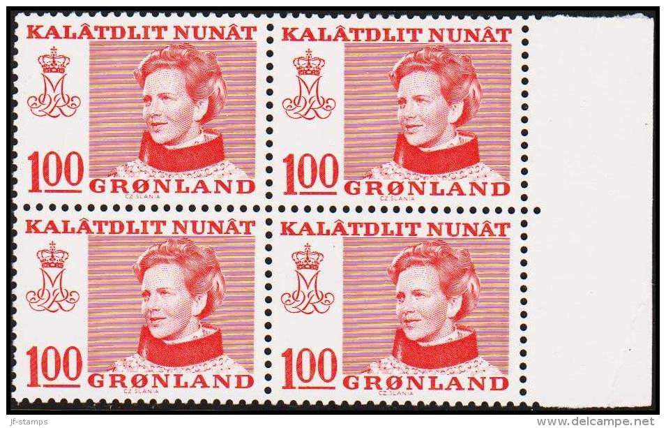 1977. Queen Margrethe. 100 Øre Red. Normal Paper 4-Block. (Michel: 101x) - JF175141 - Usados