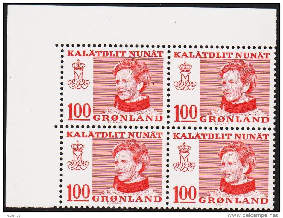 1977. Queen Margrethe. 100 Øre Red. Normal Paper 4-Block. (Michel: 101x) - JF175140 - Used Stamps