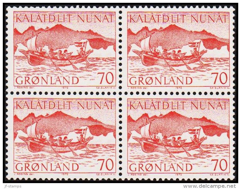 1972. Mail Boat.  70 Øre Red 4-Block. (Michel: 82) - JF175079 - Oblitérés