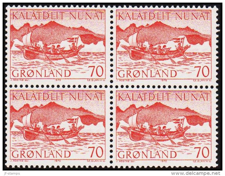 1972. Mail Boat.  70 Øre Red 4-Block. (Michel: 82) - JF175080 - Usados