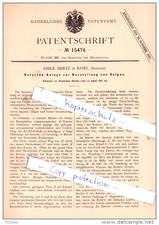 Original Patent - Emile Mertz In Basel , Schweiz , 1881 , Herstellung Von Oelgas !!! - Documents Historiques