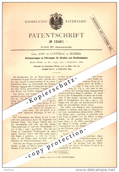 Original Patent - Graf José De Canterac En Madrid , 1881 , Tranvía , Ferrocarril , Conde  !!! - Ferrocarril