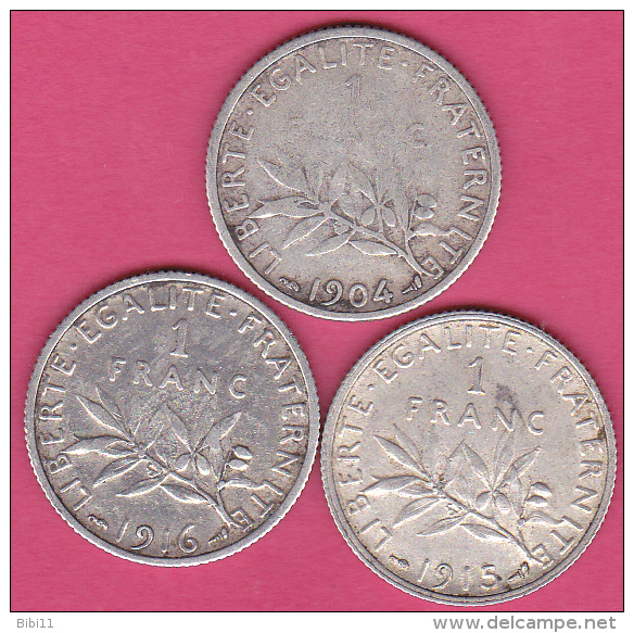 3 Pièces  1 FRANC SEMEUSE  1904 1915  1916 . ARGENT - Autres & Non Classés