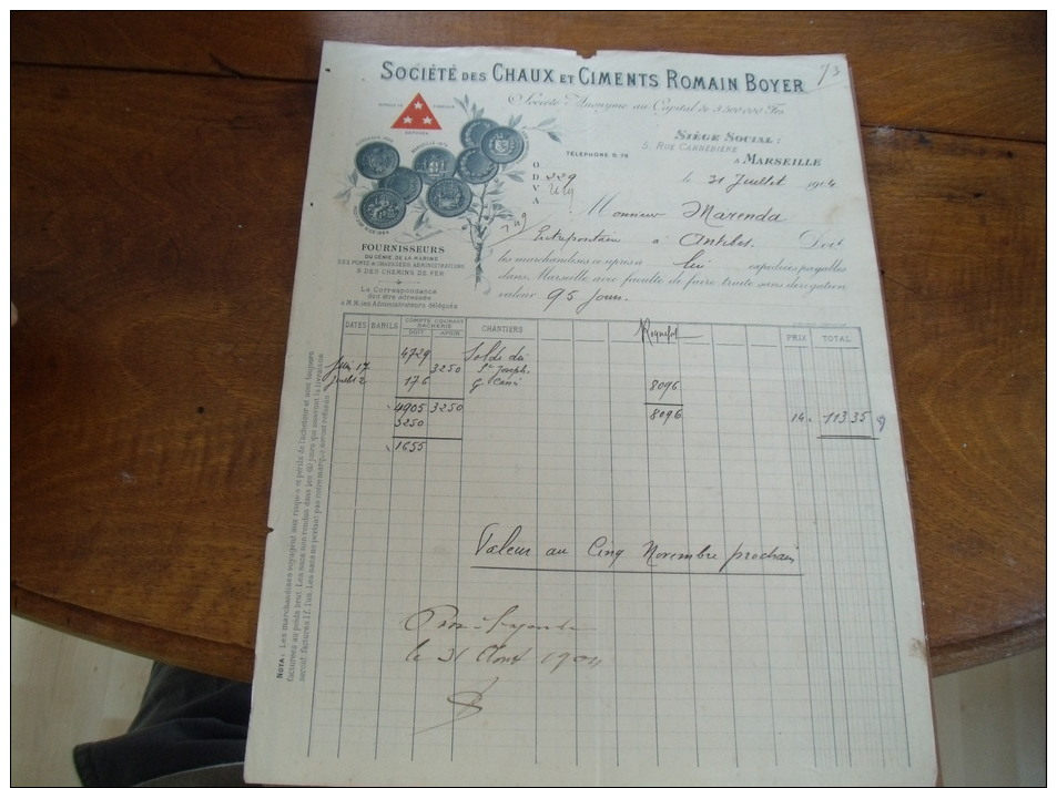 Facture Illustree  Marseille Societe Chaux Ciment Romain Boyer - 1900 – 1949