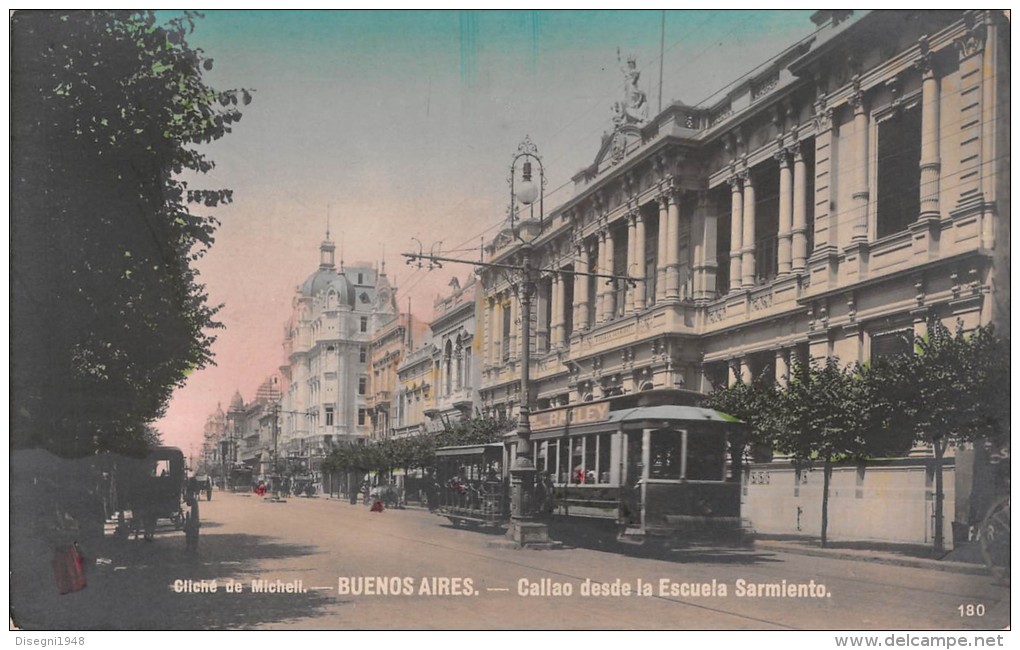 03572 "BUENOS AIRES - CALLAO DESDE LA ESCUELA SARMIENTO". ANIMATA, TRAMWAY.  CART. ILLUSTR.  ORIGINALE.  NON SPEDITA - Argentina