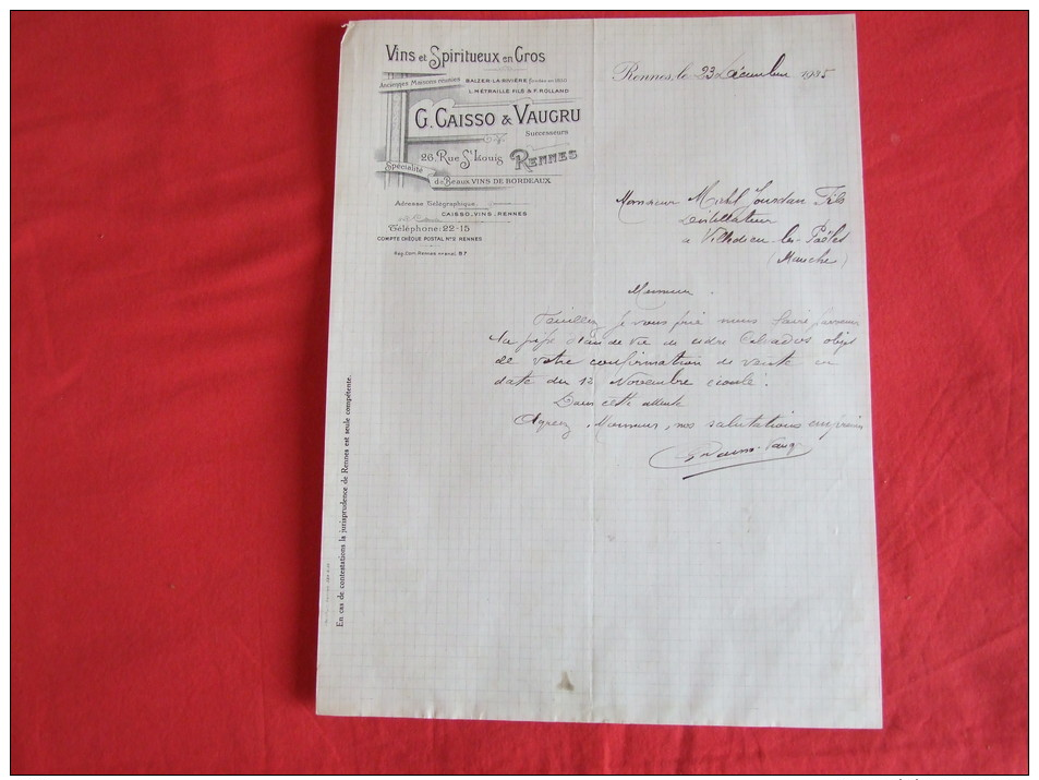 G. CAISSO & VAUGRU, VINS & SPIRITUEUX EN GROS À RENNES (35000). LETTRE DE 1935. - Alimentaire