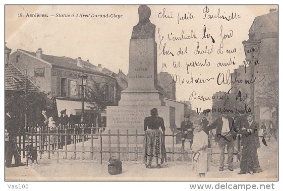 CPA ASNIERES- ALFRED DURAND CLAYE STATUE, DOG, BIKE, VINTAGE SCENE - Arnières