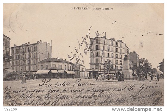 CPA ASNIERES- VOLTAIRE SQUARE, STATUE, VINTAGE SCENE - Arnières