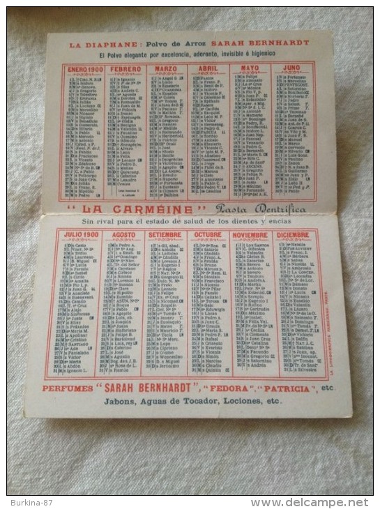 Calendrier Publicitaire,1900, PARFUMERIE DIAPHANE , PARIS, Sarah Bernhardt, La Carmeine - Autres & Non Classés