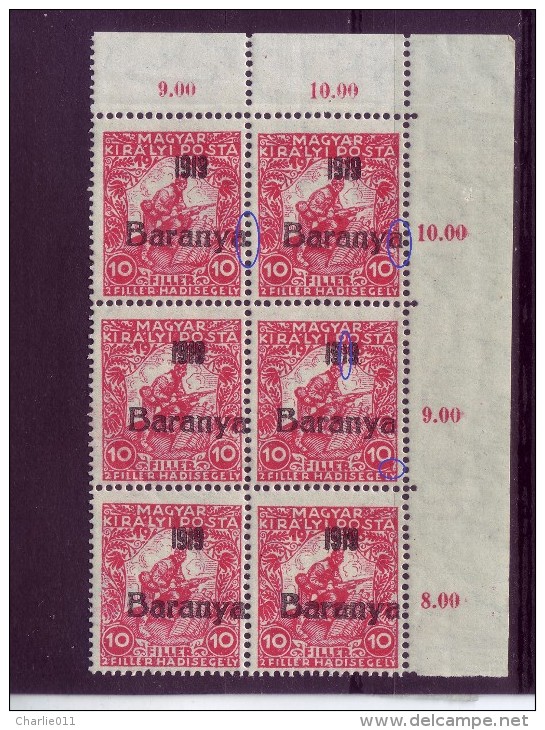 SOLDIER-10 FILL-OVERPRINT-BARANYA-WW I-BLOCK OF SIX-ERROR-HUNGARY-SERBIA-YUGOSLAVIA-1919 - Baranya