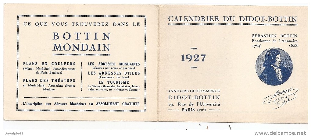 CALENDRIER DU DIDOT-BOTTIN  1927 DIMENSIONS  21 X 8 BON ETAT - Autres & Non Classés