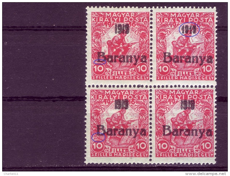 SOLDIER-10 FILL-OVERPRINT-BARANYA-WW I-BLOCK OF FOUR-ERROR-RARE-HUNGARY-SERBIA-YUGOSLAVIA-1919 - Baranya