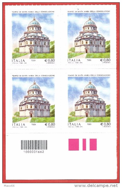 ITALIA REP. QUARTINA BARRE SX 2015 Patrimonio Artistico Culturale Italiano Tempio Santa Maria Todi - € 0,80 - S. ---- - Codici A Barre