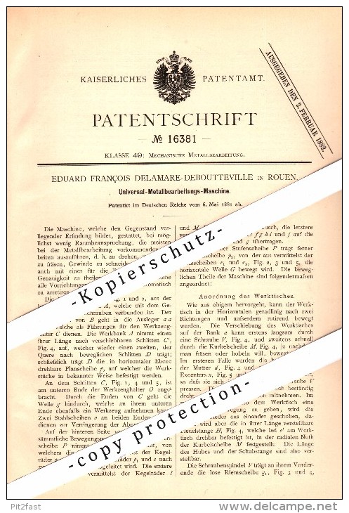 Original Patent - Eduard Delamare-Deboutteville à Rouen , 1881 , Machine De La Métallurgie Universal   !!! - Documents Historiques