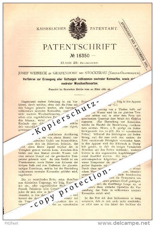 Original Patent - Josef Weineck In Grafendorf B. Stockerau , Niederösterreich , 1881 , Erzeugung Von Kernseife , Seife ! - Stockerau