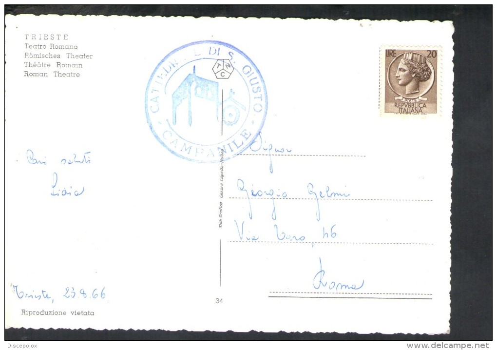 J2895 MARCOFILIA:  PERFETTO TIMBRO CATTEDRALE DI S. GIUSTO 1966 SU CARD TRIESTE, TEATRO ROMANO  - STORIA POSTALE - Other & Unclassified