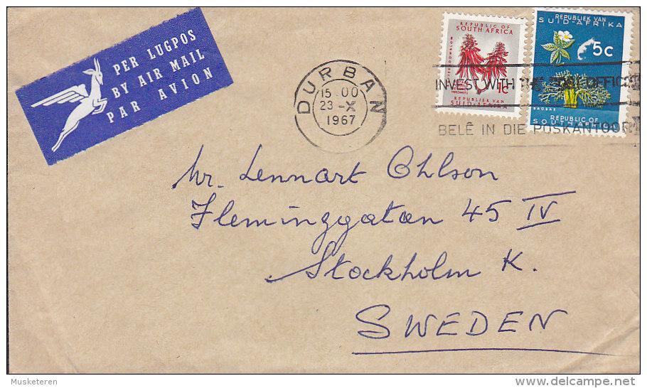 South Africa PER LUGPOS Air Mail Par Avion Label Slogan DURBAN 1967 Cover Brief STOCKHOLM Sweden - Luchtpost