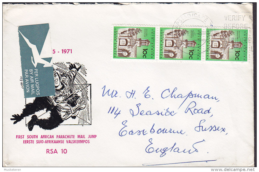 South Africa PER LUGPOS Air Mail Par Avion Label Slogan CAPSTAD 1974 Cover Brief England Parachute Mail Jump Cachet - Posta Aerea