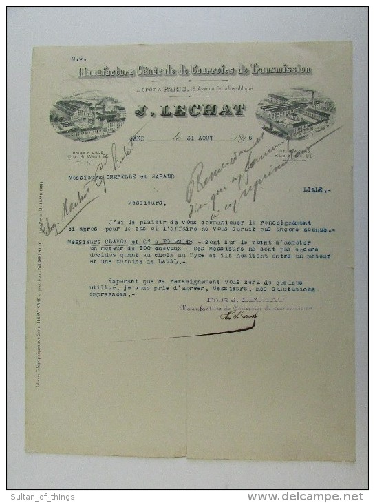 Facture Invoice Litho Lechat Manufacture Générale Courroies Transmission Lille Paris Gand 1896 - 1800 – 1899