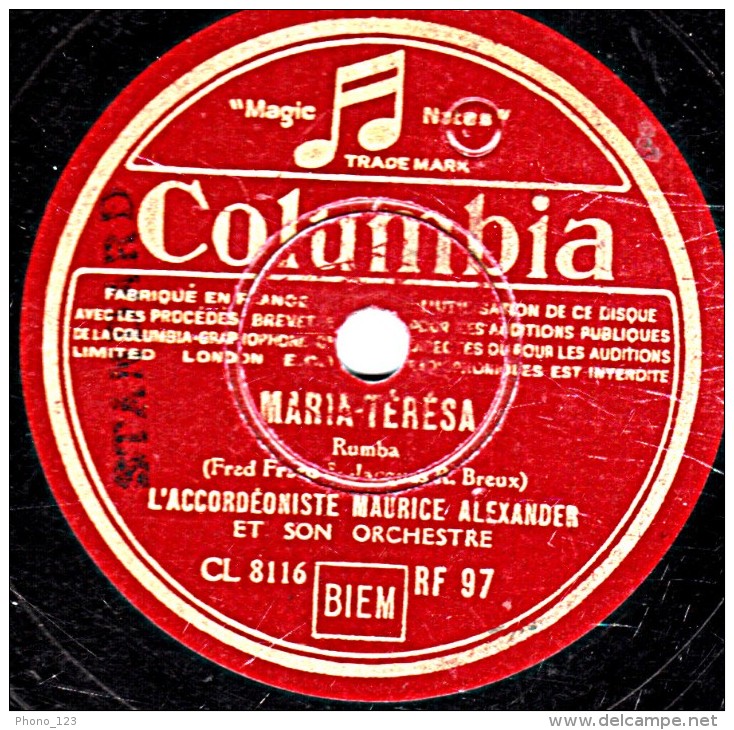 78 Trs - 25 Cm - état B - MAURICE ALEXANDER -  LE DENICHEUR - MARIA TERESA - 78 Rpm - Schellackplatten