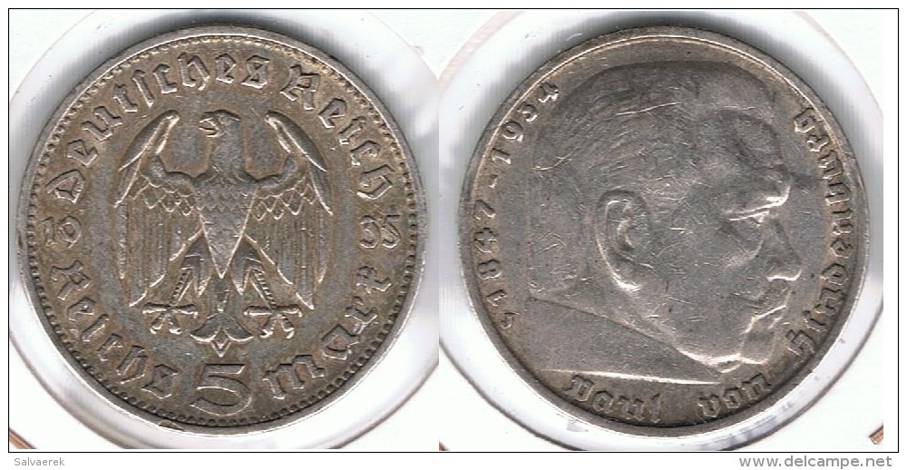 ALEMANIA DEUTSCHLAND 5 REICHZ MARK 1935 J PLATA SILVER - 5 Reichsmark