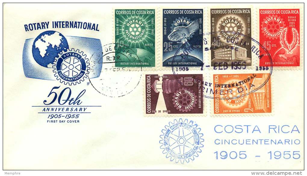 1955  Rotary International   50th Anniversary  Complete Set Of 6 On Unaddressed FDC - Costa Rica