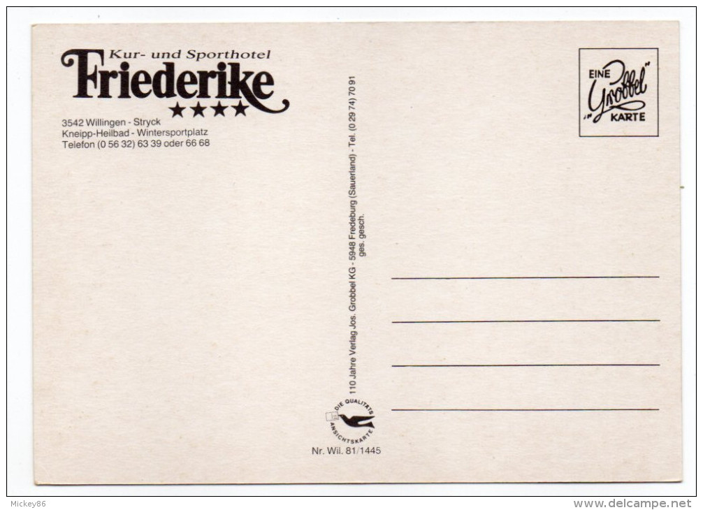 Allemagne--WILLINGEN--Kur Und Sporthotel FRIEDERIKE ****,cpm éd Grobbel Kart--carte Publicitaire De L'Hotel - Waldeck