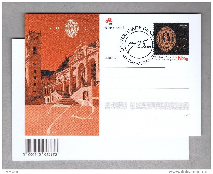 Architecture U.C. Coimbra's University 750 Years 2015 Postal Stationery Portugal Birds Owls Hiboux Sp3354 - Entiers Postaux