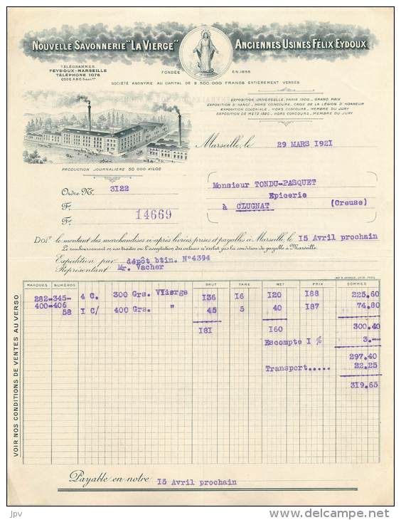 FACTURE LETTRE : MARSEILLE . NOUVELLE SAVONERIE LA VIERGE . 1921 . - Other & Unclassified