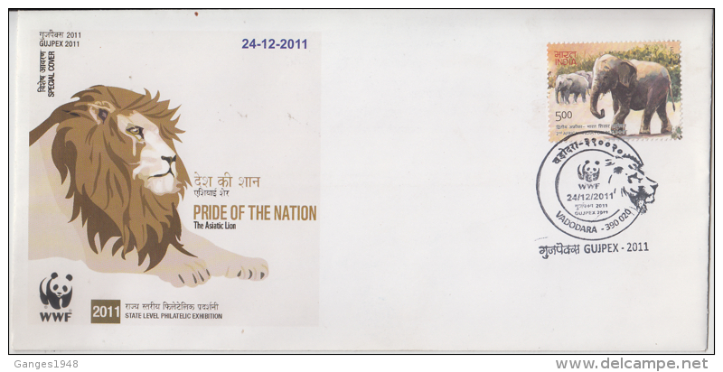 India  2011  Felines  Lions  Asiatic Lion WWF  VADODRA  Special Cover # 84950  Inde  Indien - Briefe U. Dokumente