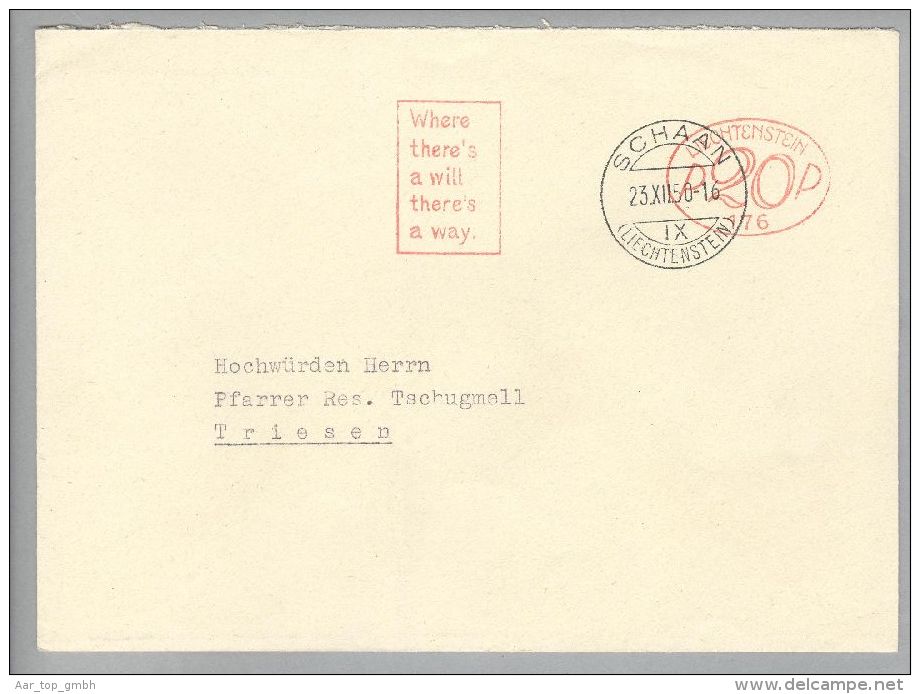 Liechtenstein Firmenfreistempel Oval #176 Mit Werbefl. 1950-12-23 20Rp. - Lettres & Documents