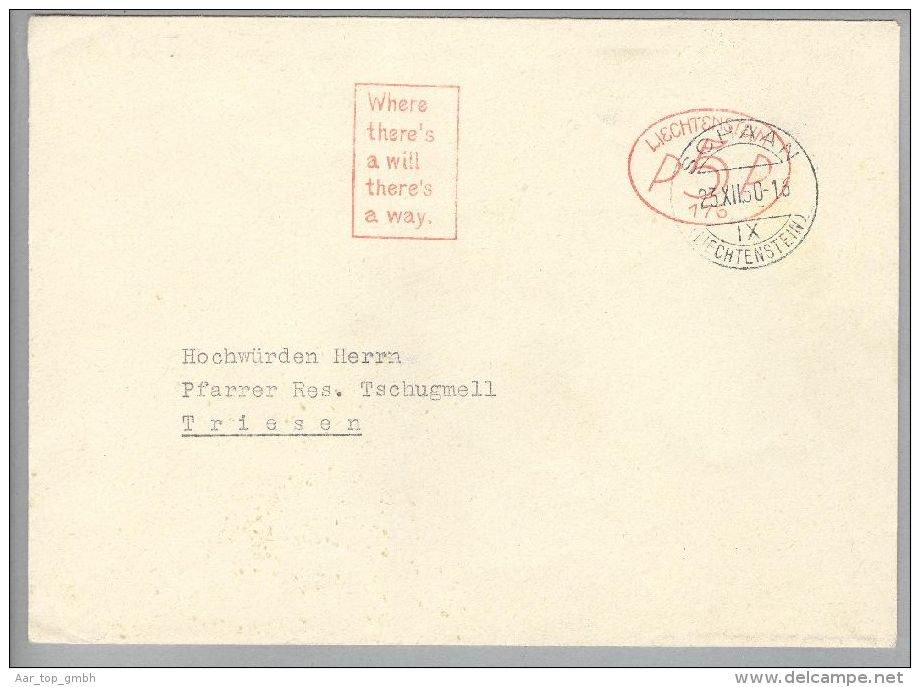 Liechtenstein Firmenfreistempel Oval #176 1950-12-23 Schaan Mit Werbung - Lettres & Documents