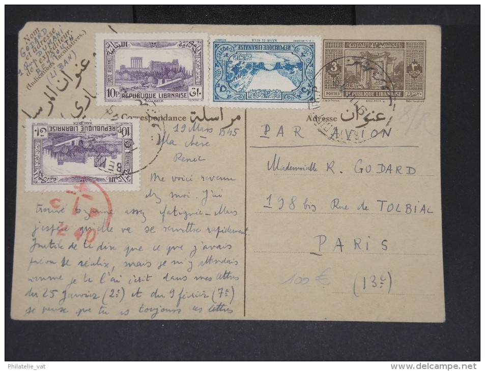 FRANCE-GRAND LIBAN-Entier Postal De Beyrouth Pour Paris En 1945 Avec Censure  Rare  à Voir Lot P7087 - Covers & Documents