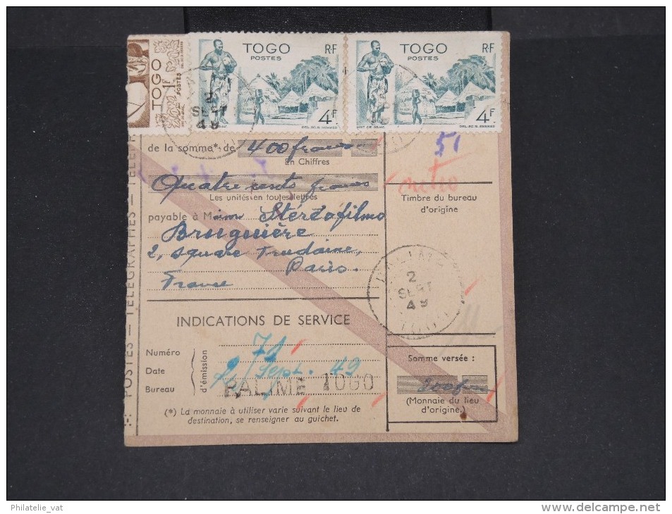 FRANCE-TOGO-Mandat Carte De Palime Pour Paris En 1949 Pas Fréquent à Voir Lot P7091 - Briefe U. Dokumente