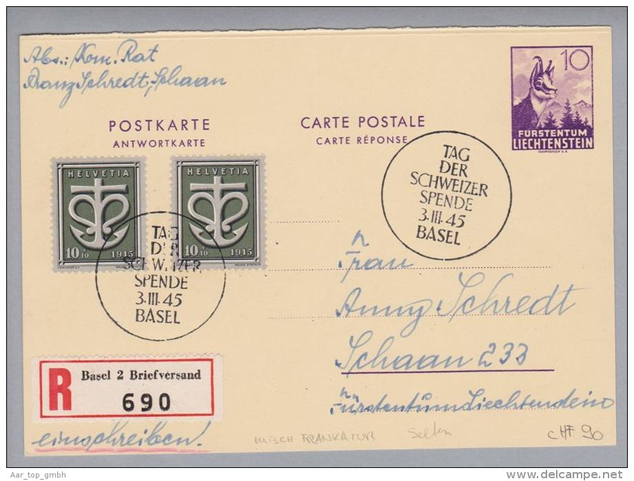 Liechtenstein 1945-03-03 Antwort FL-Ganzsache Mit CH-Zusatzfrank.+Sonder-O - Stamped Stationery