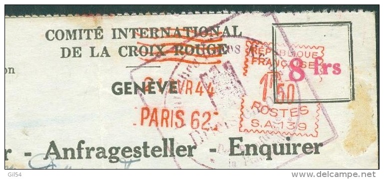 Formulaire  ( Renseignements ) Croix Rouge Daté Du 1/02/1944  De Paris Pour Oran Algérie   - Ac8735 - Croix Rouge