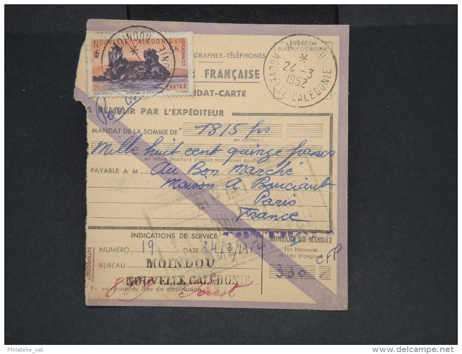 FRANCE-NOUVELLE CALEDONIE-Mandat Carte De Moindou Pour Paris En 1952  Pas Fréquent à Voir Lot P7115 - Lettres & Documents