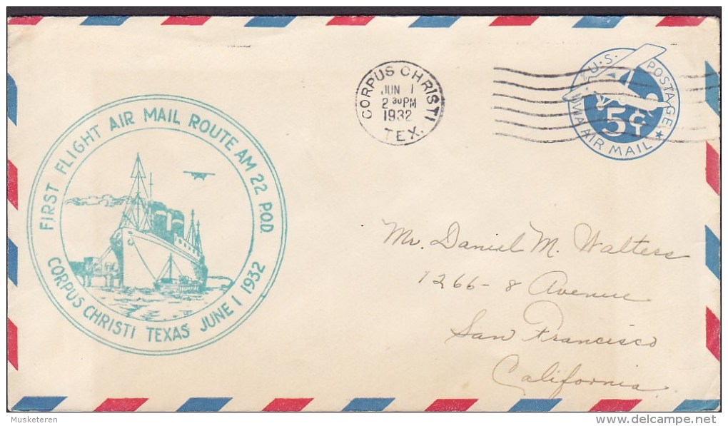 United States Postal Stationery Ganzsache Entier First Flight Air Mail Route CORPUS CHRISTI Texas 1932 Cover Lettre - 1921-40