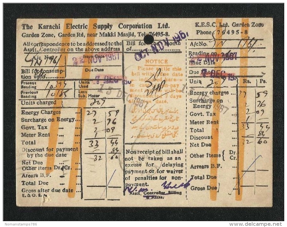 Pakistan 1961 Karachi Electric Supply Bill Card Postal Used With Stamps - Pakistan