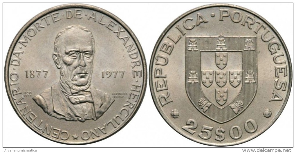 PORTUGAL  25 Escudos 1.977  Cu Ni  KM#608 Gomes 55.01  "ALEXANDRE HERCULANO"  UNC/SC  T-DL-11.354 - Portugal