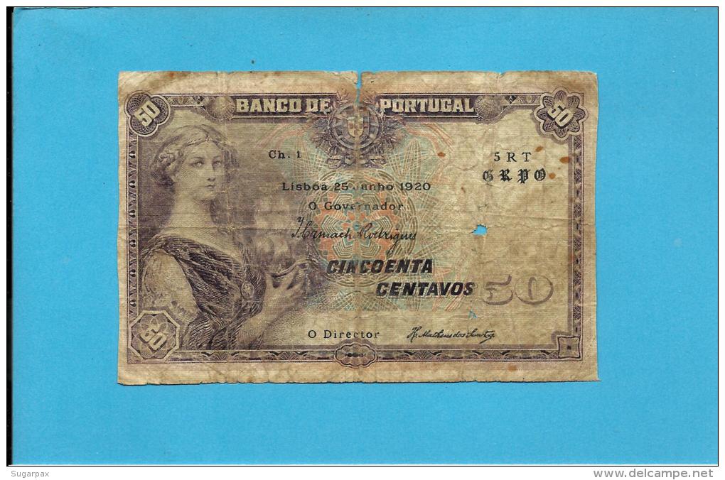 PORTUGAL - 50 Centavos ( $50 ) - 25/06/1920 - Pick 112b - Chapa 1 - Mulher C/ Barco - 2 Scans - Portugal