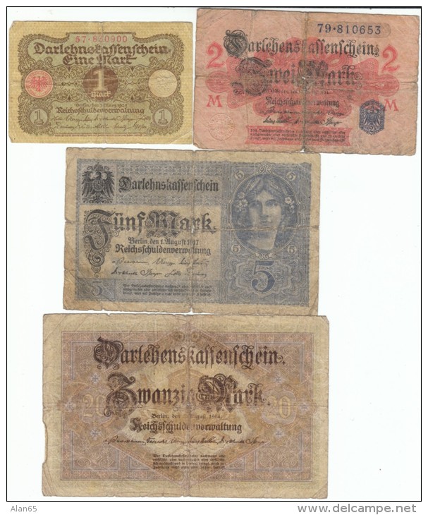 Lot Of 4 Germany Banknotes, #48 20 Marks 1914, #55 2 Marks 1914, #56b 5 Marks 1917, #58 1 Mark 1920 - Collections