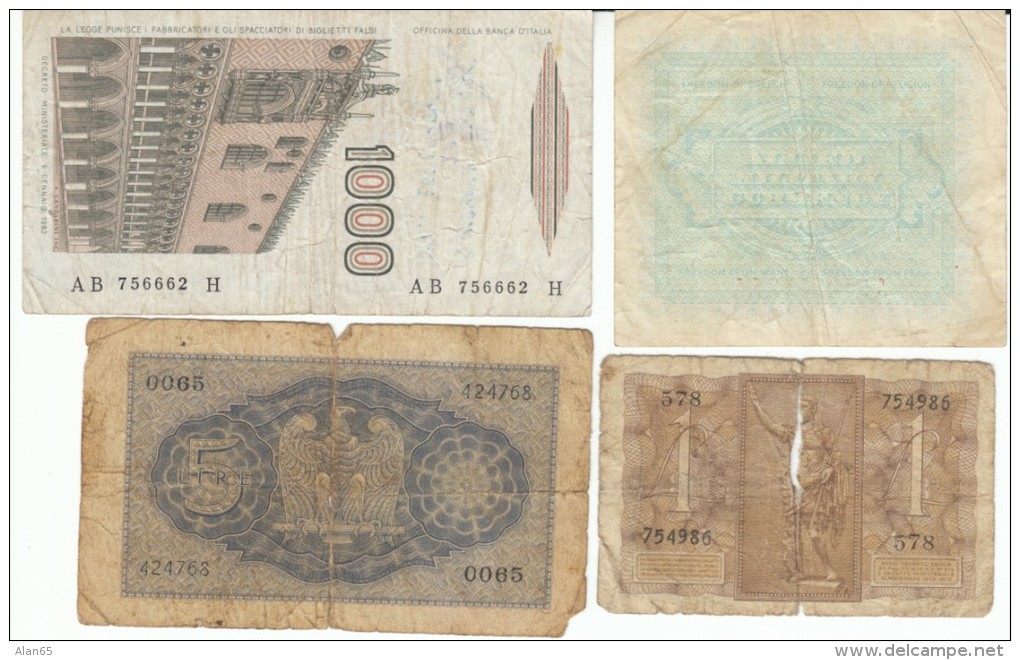 Lot Of 4 Italy Banknotes, #26 1 Lira 1939, #28 5 Lire 1940, #M10b 1 Lira 1943, #109a 1000 Lire 1982 - [ 9] Verzamelingen