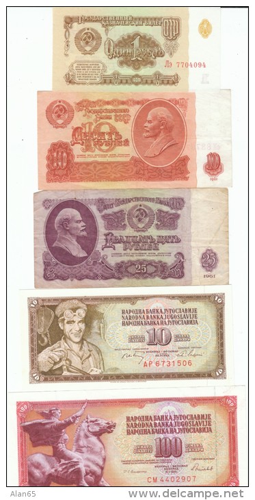 Lot Of 5 Russia #222 1 Ruble, #233 10 Rubles, #234b 25 Rubles &amp; Yugoslavia #82c 10 Dinara, #90c 100 Dinara - Lots & Kiloware - Banknotes